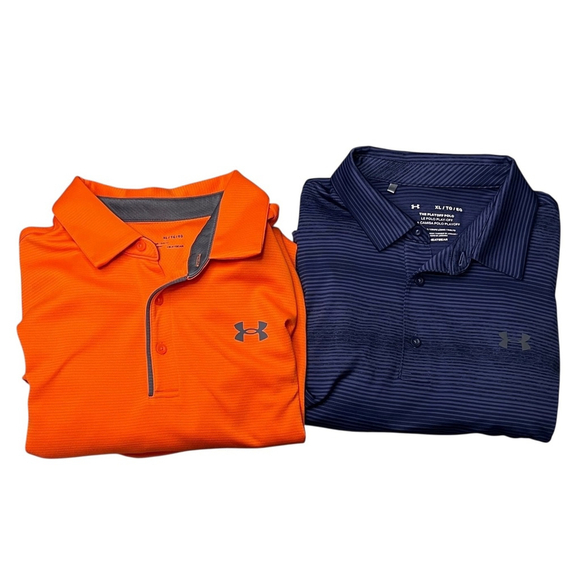 Under armour Other - Under Armour Loose Fit Orange Blue Striped Golf Polo Shirts Set of Two Size XL